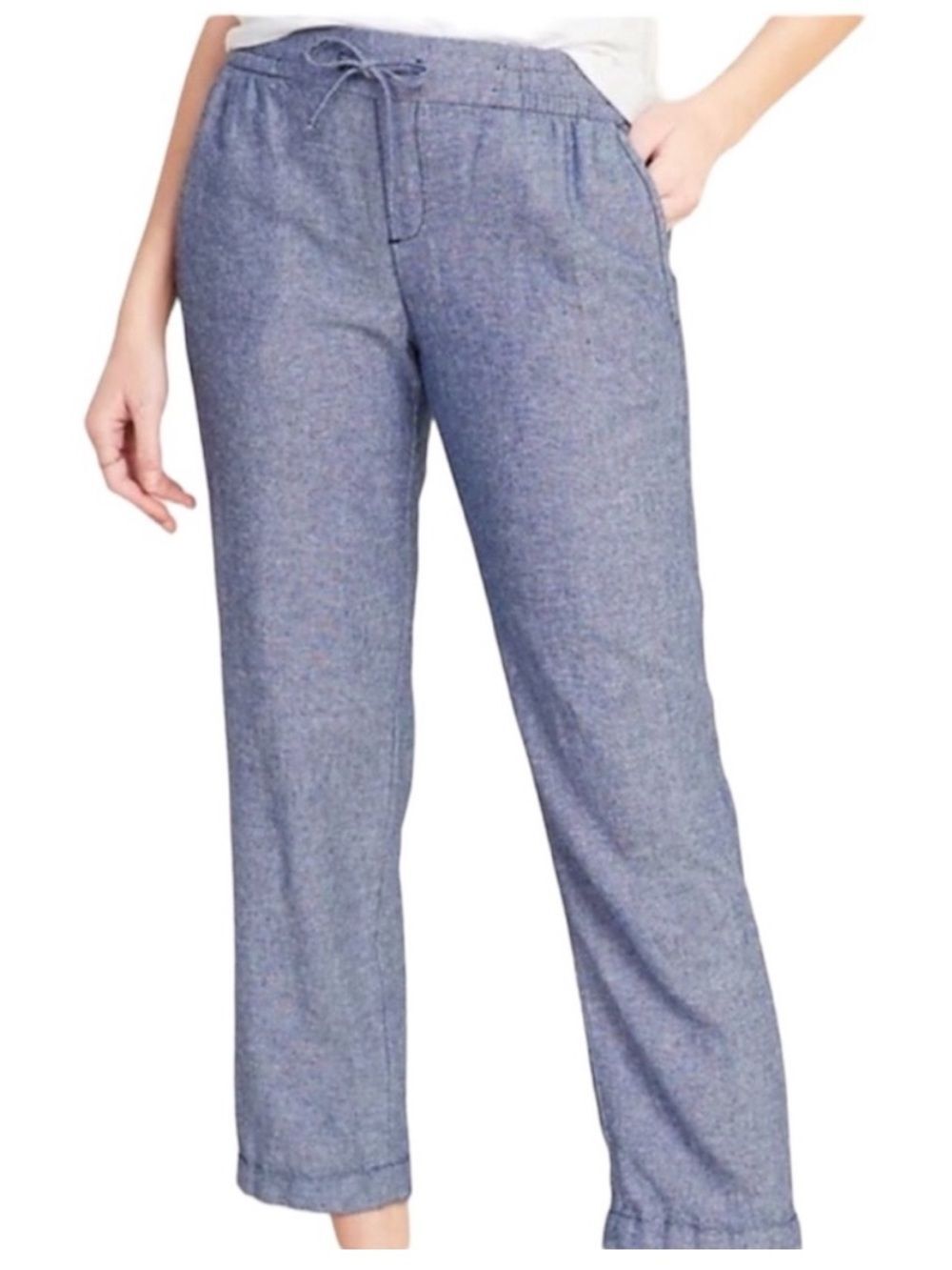 Old Navy Navy Blue Linen Blend Drawstring Pull On Straight Ankle Pants Sz M